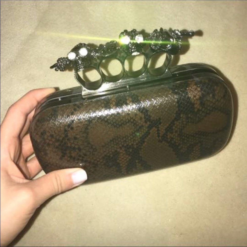 Skull Knuckle Clutch with Brown Snake Skin